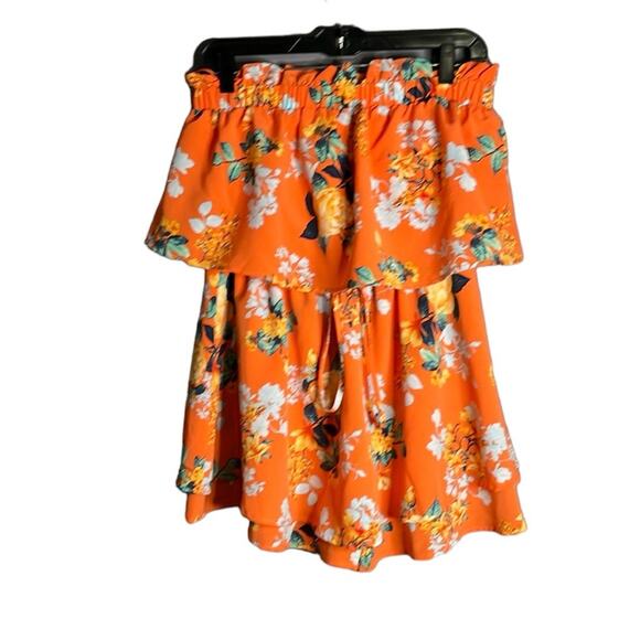 Pink Lily Orange Floral Strapless Romper With Ruffle Detail Size Medium - Picture 1 of 8